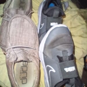 2 Pair Kids Grey Nike Slip-On And Hey Dudes, Size 12 Toddler